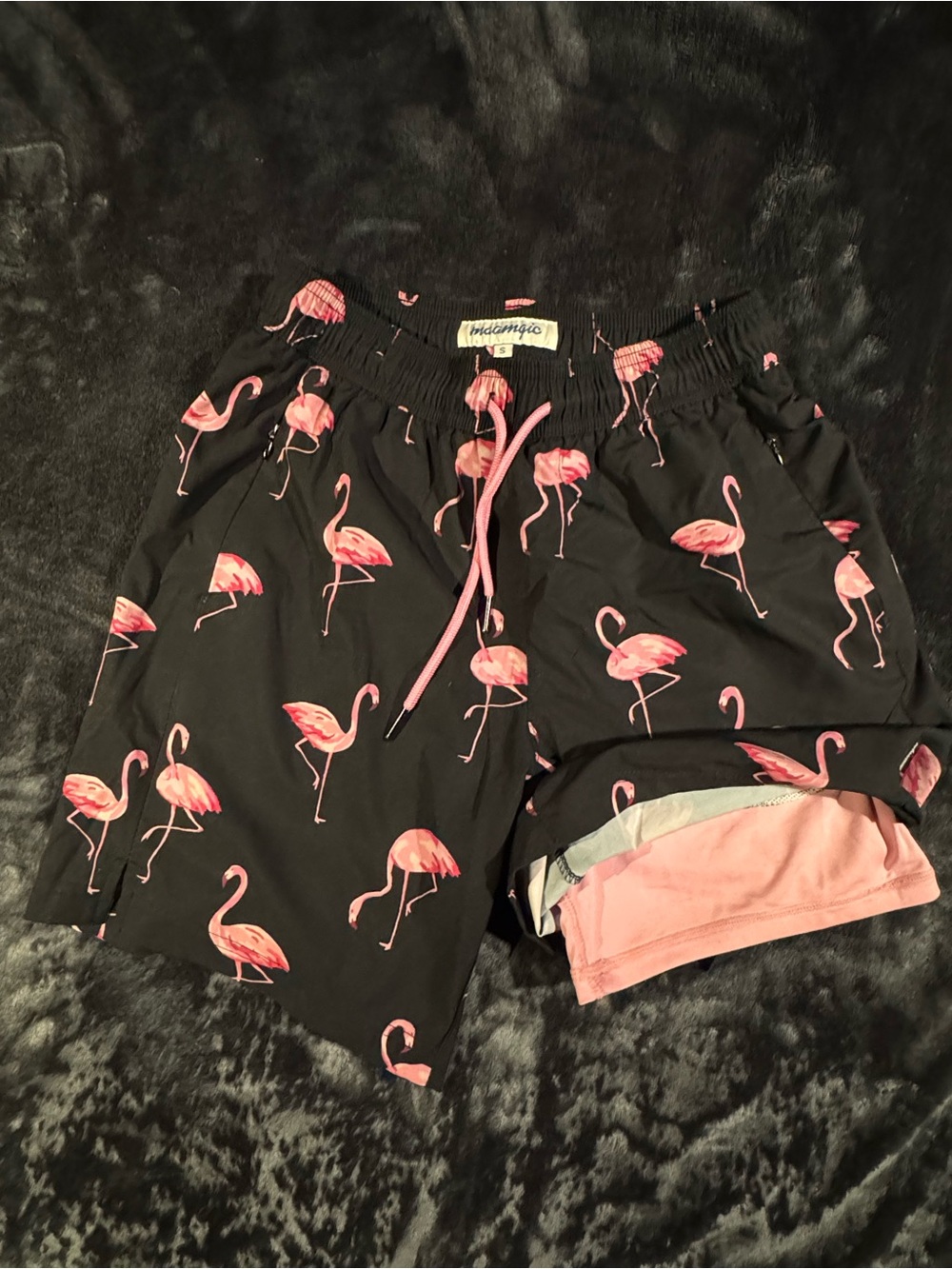 Black Flamingo Print Swim Shorts with Pink Liner